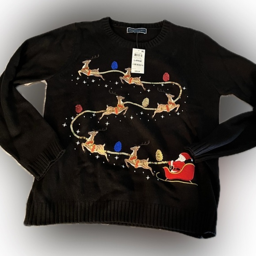 Bling Christmas Sweater Santa Sleigh Reindeer